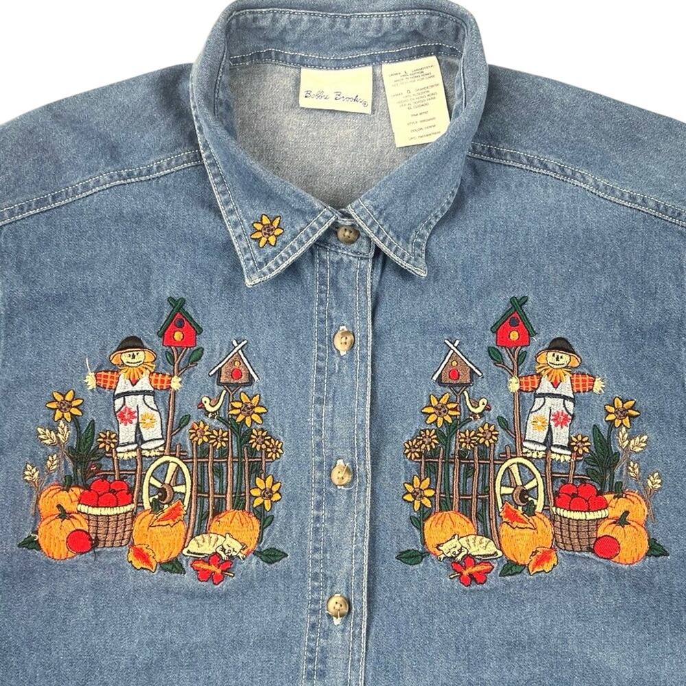 Vintage Bobbie Brooks Shirt Embroidered Fall Autumn Denim Button Front Top L - Picture 3 of 9